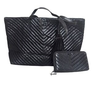 Victoria's Secret Black Quilted Chevron Tote Bag & Wallet Set Tassel Charm